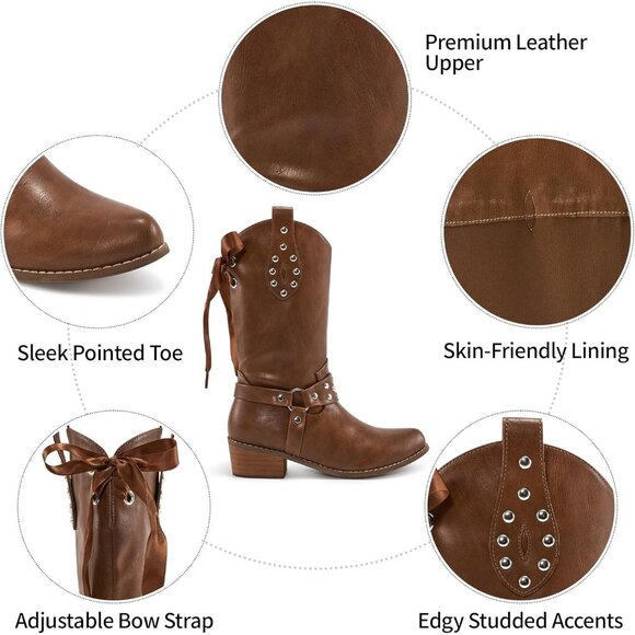Women's Brown Western Leather Mid Calf Fashion Chunky Cowgirl Pointed Toe Boot - Picture 4 of 7